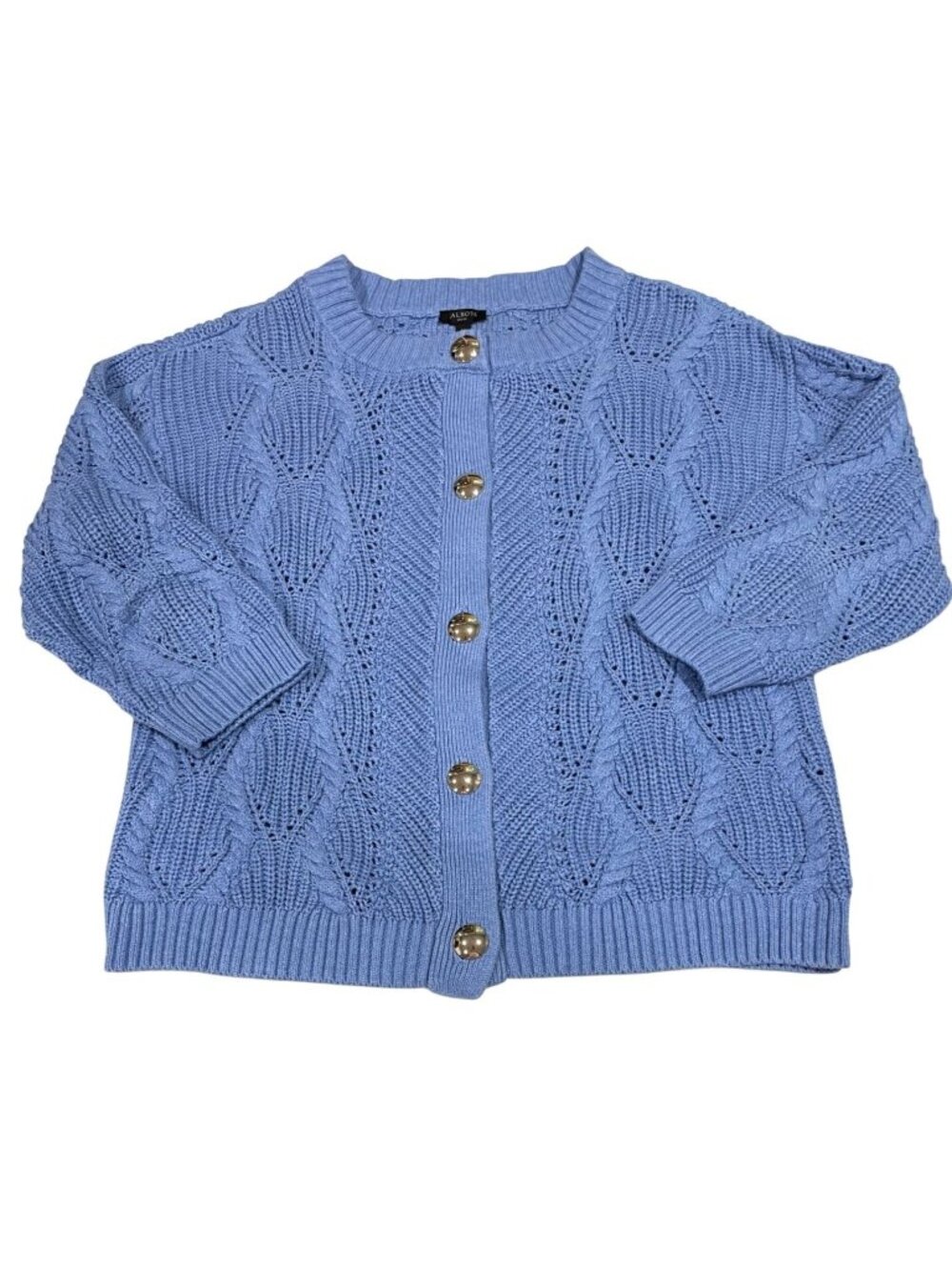 Talbots Cable Knit Crewneck Cardigan PL Blue Cotton Cottagecore Preppy Layers